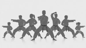Karate-Team: Gemeinsam für Sie da Silhouette einer gemischten Karate-Gruppe von Kindern bis Erwachsenen in Kampfkunst-Posen.