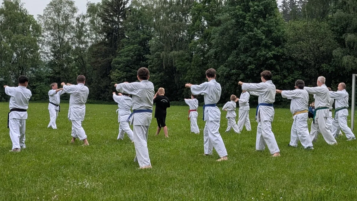 Eine Gruppe von Karatekas des Kyokushinkai Karate Köpenick e.V. beim Outdoor-Training auf einer Wiese im Trainingscamp Geising.