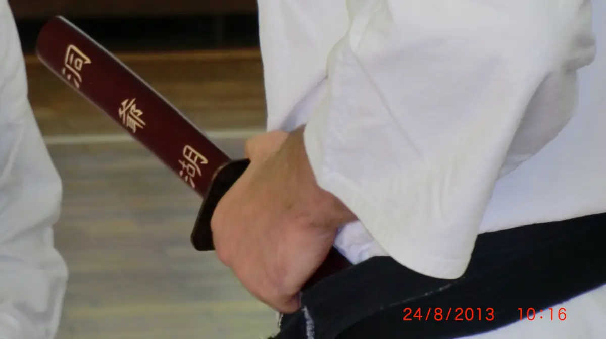 Kyokushinkai Karate Köpenick – Nahaufnahme Katana Schwertscheide Lindow 2013 Nahaufnahme der Schwertscheide eines echten Katana mit Schriftzeichen beim Kobudo Training des Kyokushinkai Karate Köpenick e.V. in Lindow 2013.