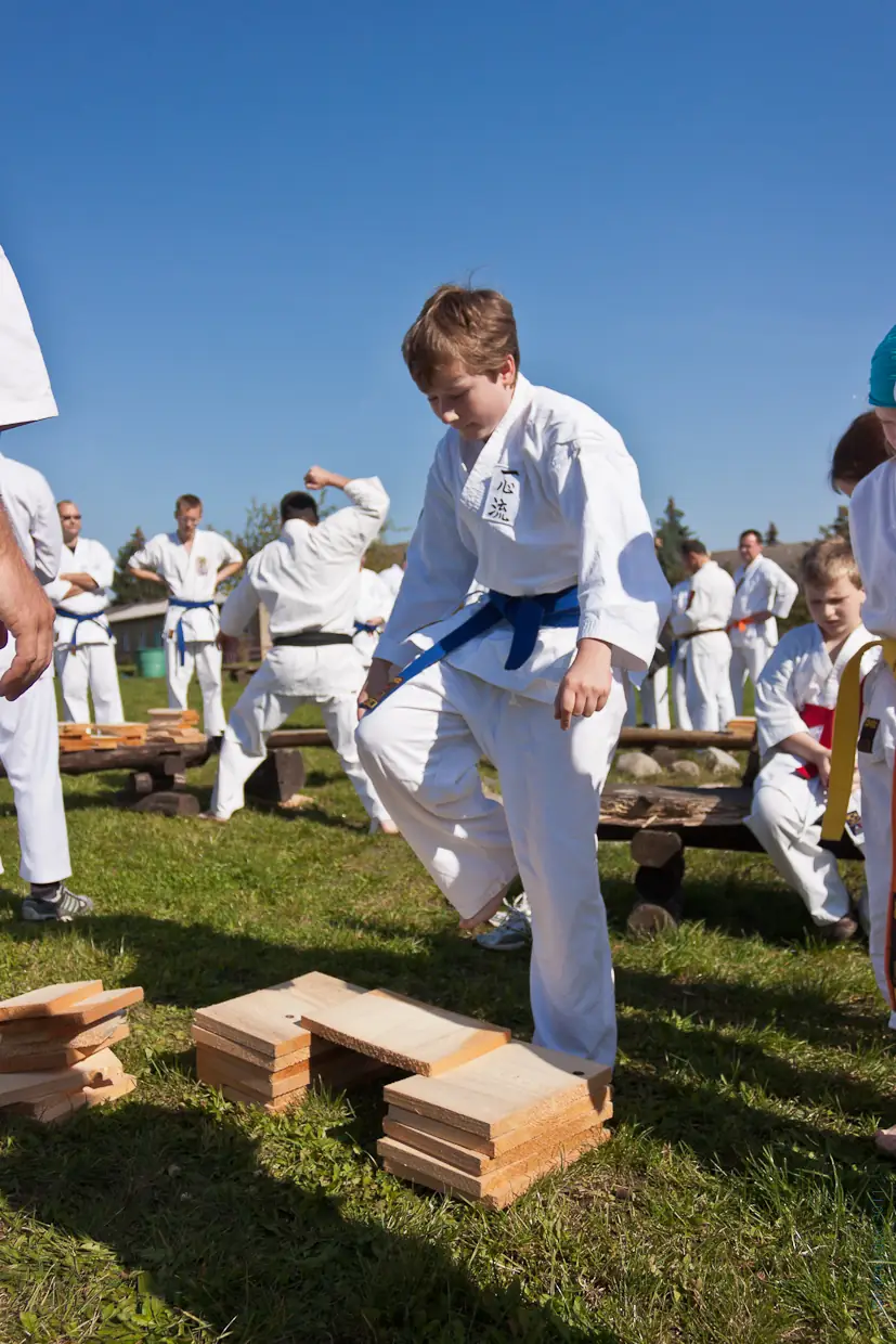 Oderlandcamp 2011 – Bruchtest (Tameshiwari) Ein junger Karateka mit blauem Gürtel holt mit dem Bein aus, um ein Holzbrett auf einer Wiese beim Oderlandcamp 2011 zu zerschlagen.