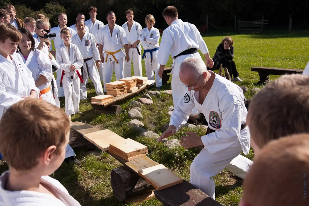 Bruchtest-Demonstration (Tameshiwari) beim Oderlandcamp 2011 Ein Karateka bereitet sich im Knien auf einen Bruchtest mit Holzbrettern vor, während andere Teilnehmer im Gi auf einer Wiese zuschauen.